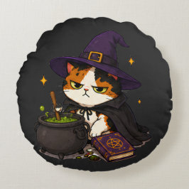 Chagrijnige Heksenkat Halloween Rond Kussen