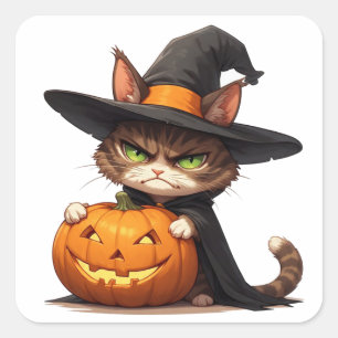 Chagrijnige Heksenkat Met Pompoen Halloween Plezie Vierkante Sticker
