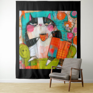 Chagrijnige Kat Die Koffie Drinkt In Een Fauteuil Wandkleed