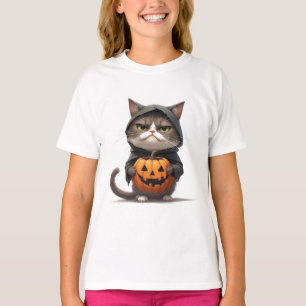Chagrijnige Kat In Pompoen Heks Kostuum Halloween T-shirt