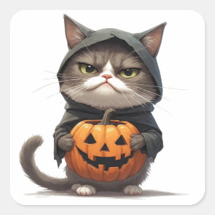 Chagrijnige Kat In Pompoen Heks Kostuum Halloween  Vierkante Sticker