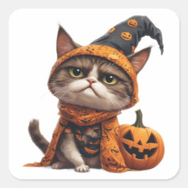 Chagrijnige Kat Met Jack O Lantern Vriend 🎃 Vierkante Sticker