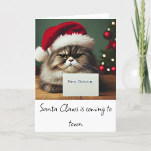 Chagrijnige kat met kerstmuts leuke kerstkaart bedankkaart