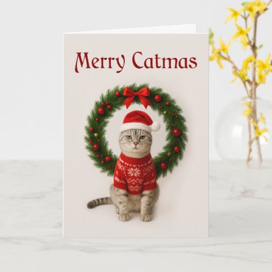 Chagrijnige Kat Vouw Kerstkaart Kaart (Gele Bloem)