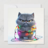 Chagrijnige Kerstkat met Kleurrijke Lichtjes Feestdagenkaart (Voorkant)