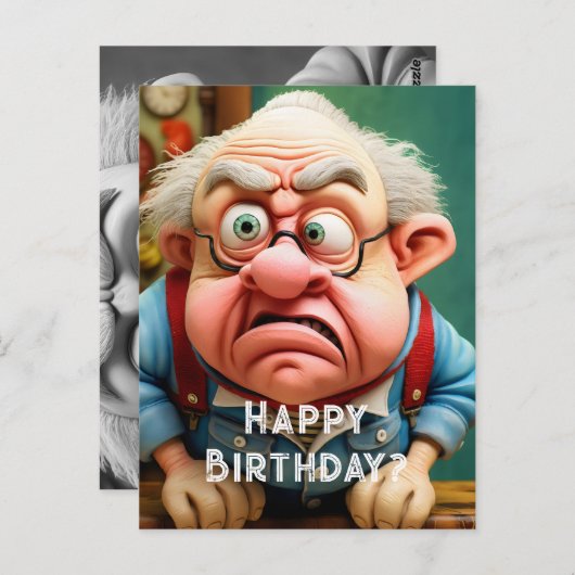 Chagrijnige ongelovige oude man die verjaardag in  briefkaart (Voorkant / Achterkant)