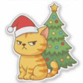 Chagrijnige oranje tabby kat rode kersthoed kerstb sticker (Voorkant)