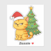 Chagrijnige oranje tabby kat rode kersthoed kerstb sticker (Vel)