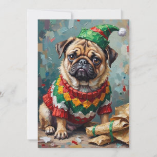 Chagrijnige Pughond in Elf Hoed Grappige Kerst Kun Feestdagenkaart