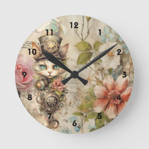 Chagrijnige Steampunk Kat Collage Vintage Papieren Ronde Klok