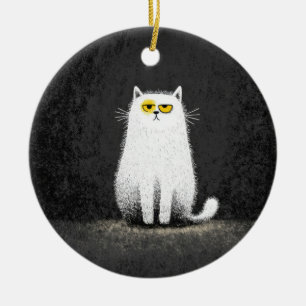 Chagrijnige Witte Kat – Grappige Minimalistische K Keramisch Ornament