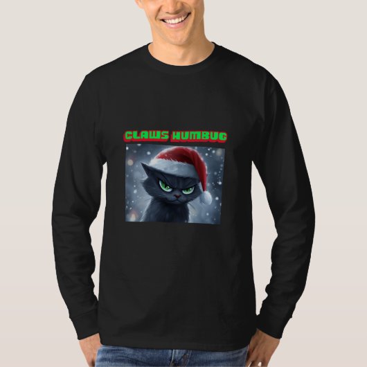 Chagrijnige Zwarte Kat ‘Klauw Humbug’ Kerstmis T-shirt (Voorkant)