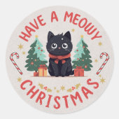 Chagrijnige Zwarte Kat Meowy Kerstmis  Ronde Sticker (Voorkant)