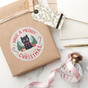 Chagrijnige Zwarte Kat Meowy Kerstmis Ronde Sticker