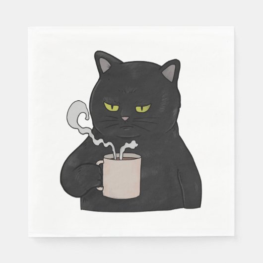 Chagrijnige Zwarte Kat met Koffie Ochtend Chagrijn Servet (Voorkant)