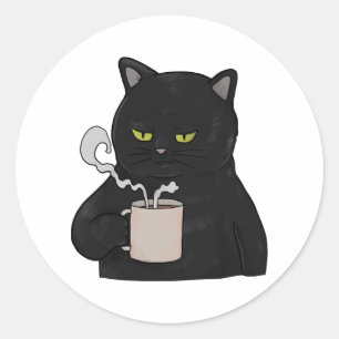 Chagrijnige zwarte kat met koffie ochtendhumeur ronde sticker