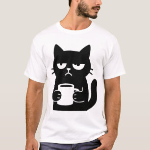 Chagrijnige Zwarte Kat met Koffiekop Grappig T-shirt