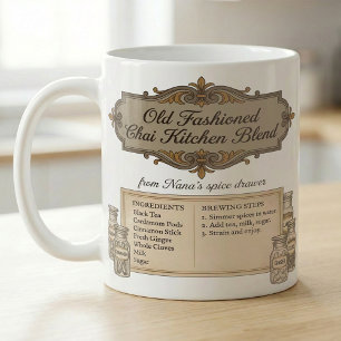 Chai-kruidenmix recept vintage keukenlabel koffiemok