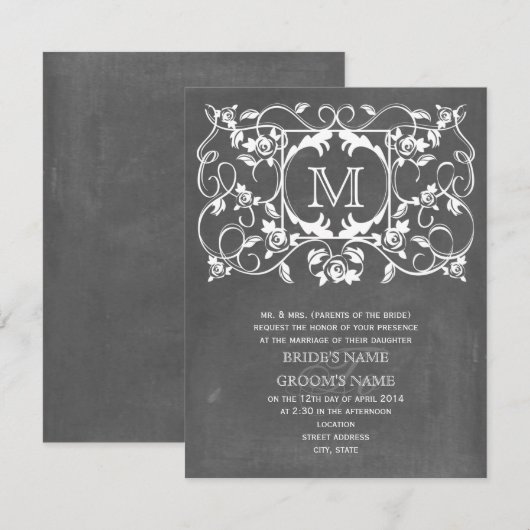 ChaIk geïnspireerde en Rozen-monogram bruiloft Kaart (Voorkant / Achterkant)