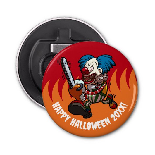 Chainsaw Clown Happy Halloween! Add The Year Button Flesopener (Voorkant)