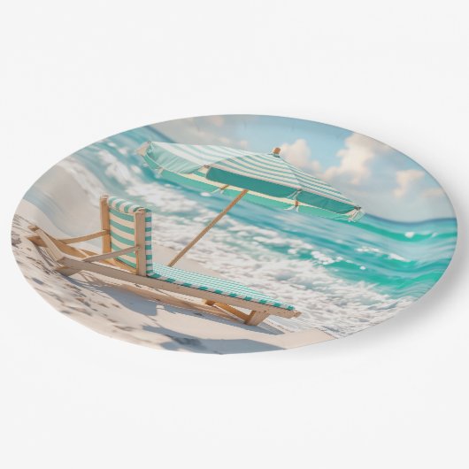 Chaise Lounge op White Ocean Sand Papieren Bordje (Gekanteld)