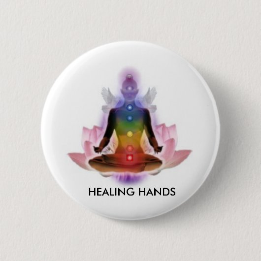 CHAKRA LOTUS PERSON, GEZONDE HANDEN RONDE BUTTON 5,7 CM (Voorkant)