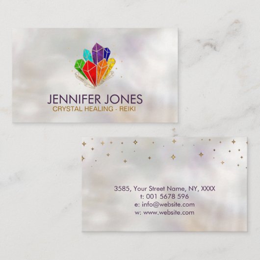 Chakras Crystals Cluster op de moeder van parels Visitekaartje (Voorkant / Achterkant)