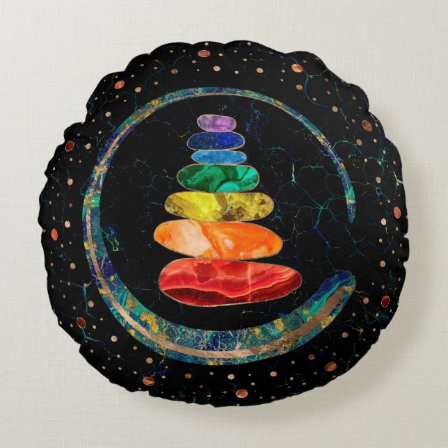 Chakras Zen Stones and Enso cirkels Rond Kussen (Voorkant)