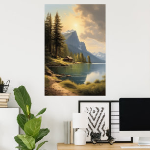 chalet aan een meer nabij de bergen poster