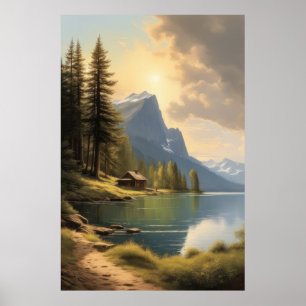 chalet aan een meer nabij de bergen poster