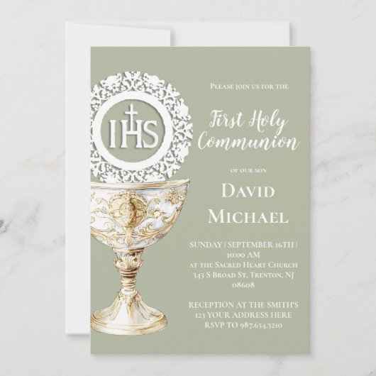 Chalice Host First Communion sage green background Kaart (Voorkant)