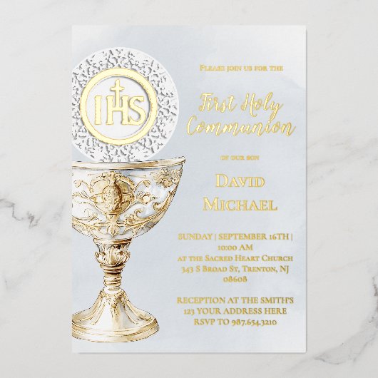 Chalice Host First Holy Communion blue watercolor Folie Uitnodiging (Voorkant)