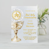 Chalice Host First Holy Communion blue watercolor Folie Uitnodiging (Staand Voorkant)