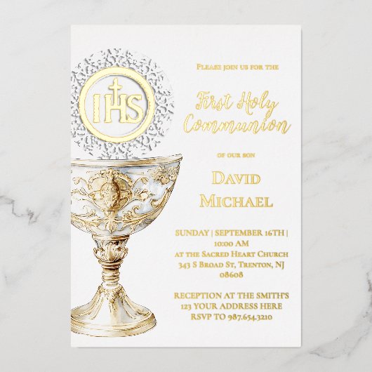 Chalice Host First Holy Communion Folie Uitnodiging (Voorkant)