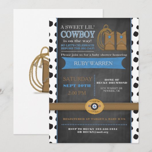 Chalk board Cowboy Baby Uitnodiging (Voorkant / Achterkant)