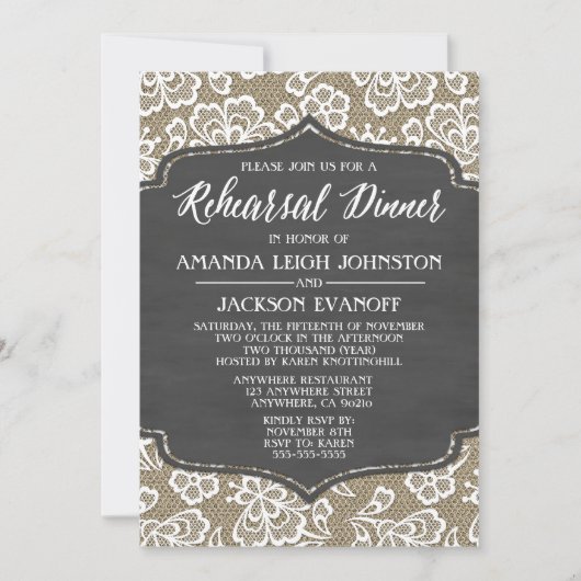 Chalk Burlap en Lace Rehearsal Dinner Invitations Kaart (Voorkant)