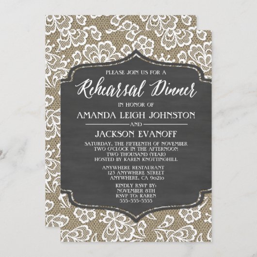 Chalk Burlap en Lace Rehearsal Dinner Invitations Kaart (Voorkant / Achterkant)
