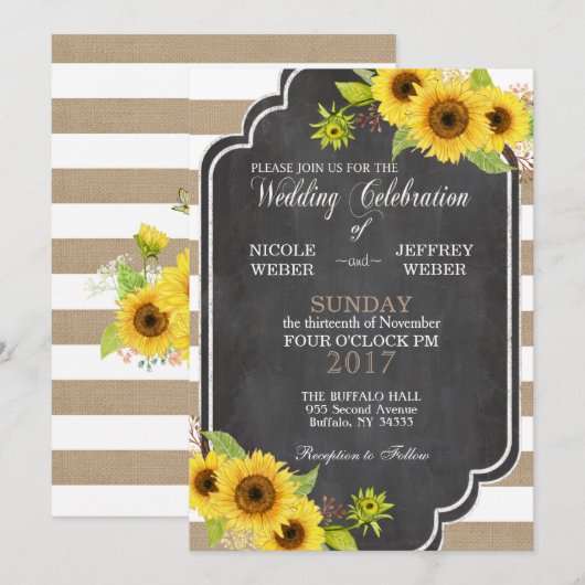 Chalk Burlap Floral Wedding Zonnebloem Uitnodiging (Voorkant / Achterkant)
