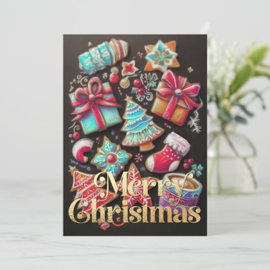 Chalk Drawing Decorated Christmas Cookies Brown Kaart (Staand voorkant)