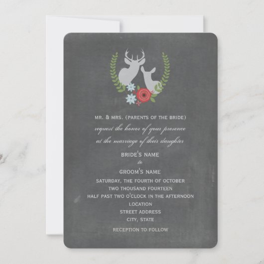 Chalk Geïnspireerd Floral Deer Wedding Invite Kaart (Voorkant)