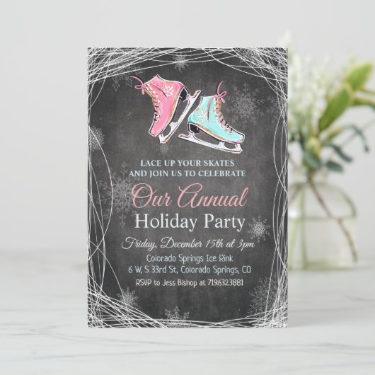 Chalk Ice Skating Holiday Party Uitnodiging (Staand voorkant)