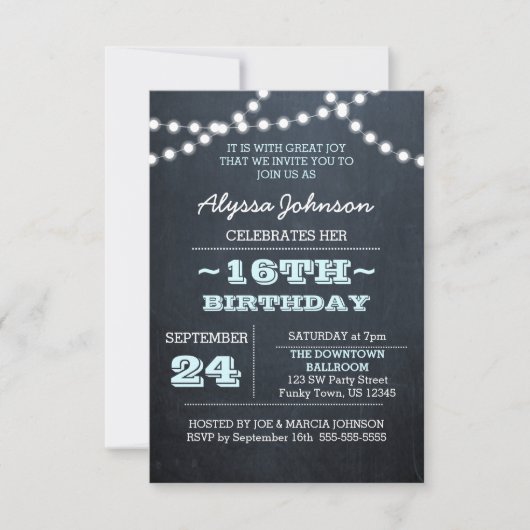 Chalk Lights Aqua 16th Birthday Invitation Kaart (Voorkant)