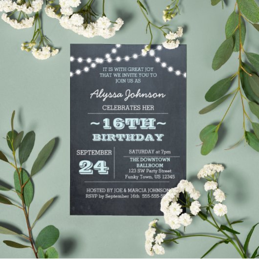 Chalk Lights Aqua 16th Birthday Invitation Kaart