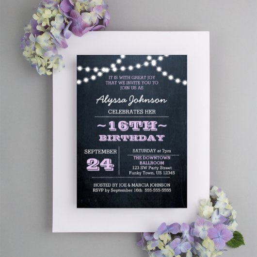 Chalk Lights Lavendel 16e verjaardag Sm uitnodigin Kaart