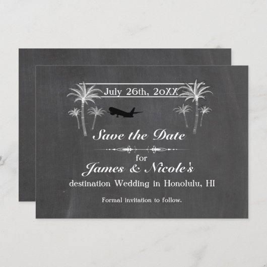 Chalk Palm Trees & Plane Destination Save the Date (Voorkant / Achterkant)