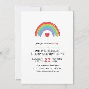 Chalk Rainbow & Heart minimalist Gay Wedding Kaart