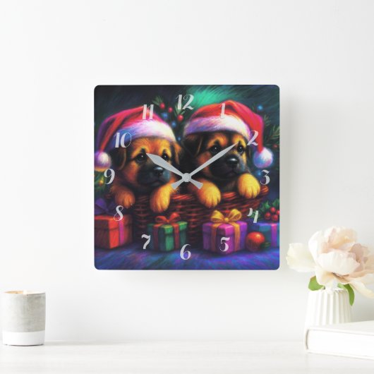 Chalk Tekening Twee Schattigee Puppies in Santa Ha Vierkante Klok (Huis)