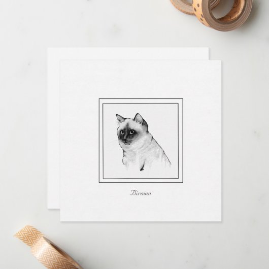 Chalk Tekening van een Birman Cat Flat Note Card Notitiekaartje (Voorkant / Achterkant in situ)