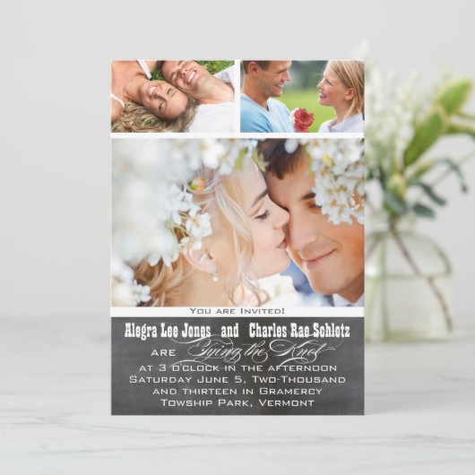 Chalkboad Foto Typografie Wedding Invitations Kaart (Staand voorkant)