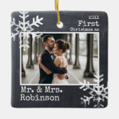 Chalkboard 1e Kerstmis Mr. & Mrs Foto Keramisch Ornament (Voorkant)